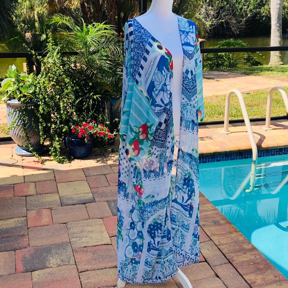 Ciao Bella Maxi Kimono Coverup Duster Swim Blue - Picture 2 of 8